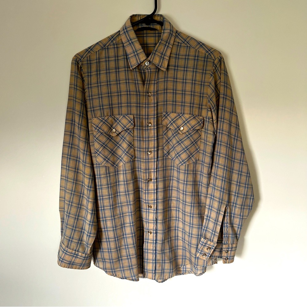 VTG Lee Pearl Snap Lightweight Plaid Long Sleeved Beige/Blue Shirt Size M